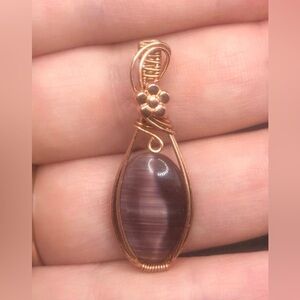 Wire Wrapped Purple Cat Eye Pendant Necklace Handmade OOAK